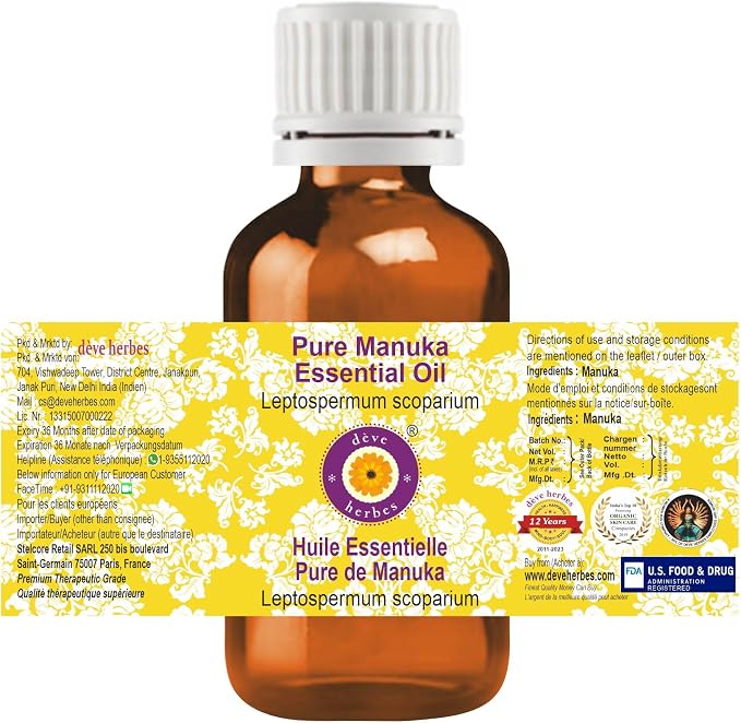Deve Herbes Pure Manuka Essential Oil (Leptospermum scoparium) Steam Distilled (Pack of Three) 100ml X 3 (10 oz)