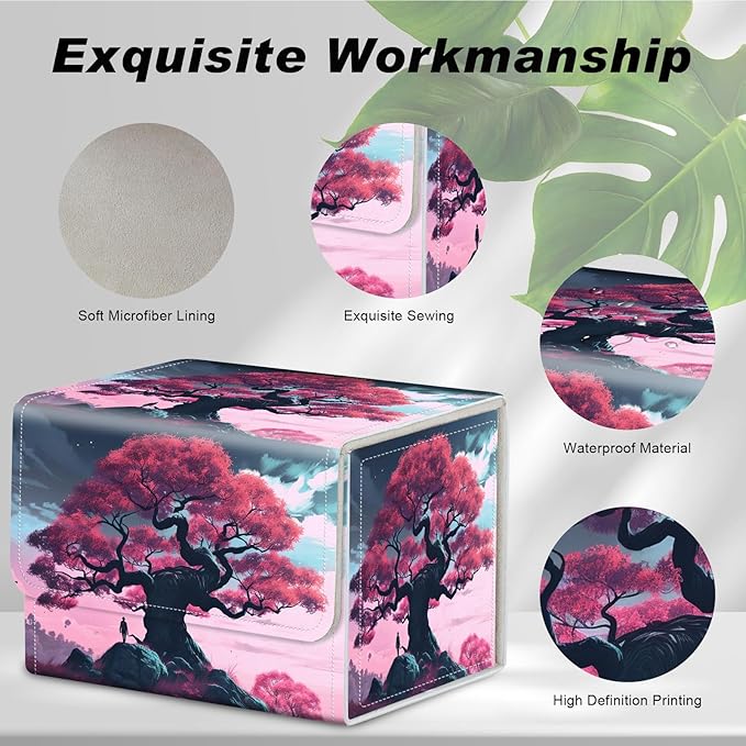 DEGDFSGRCard Game Storage Box for TCG MTG Commander Deck Box Organizer Trading Card CaseMagnetic Closure Creative Pattern Up to 200 Cards, A Large Tree In Pink