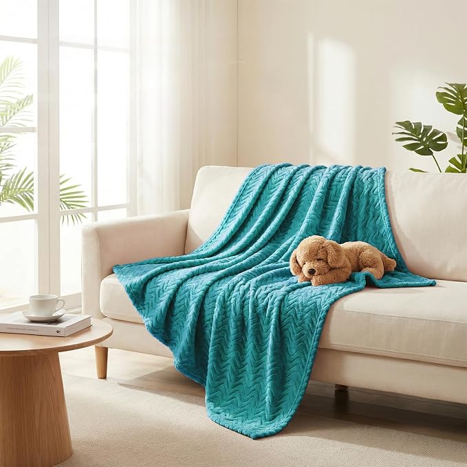 Exclusivo Mezcla Large Fleece Throw Blanket for Couch, Sofa, Teal | 50"x70" Soft Breathable Lightweight Flannel Throws for Summer, Plush Cozy Jacquard Wave Blanket for Home Decor