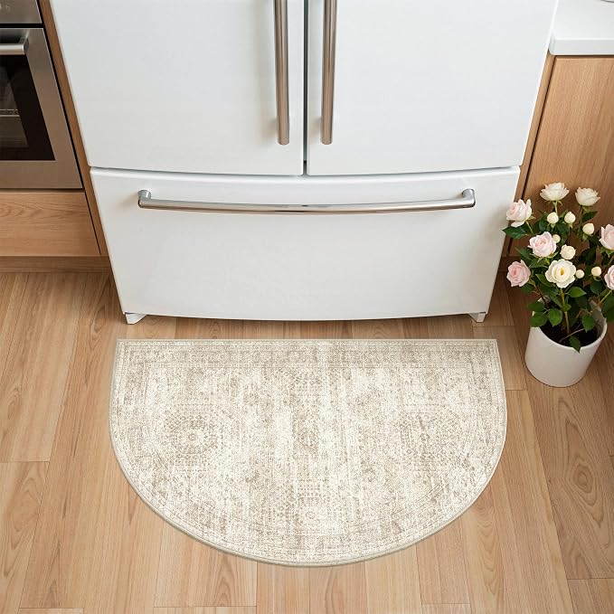 Soalmost Washable Half Circle Round Rug 2x3 Beige Small Half Moon Rug Entry | Non-Slip Vintage Low Pile Throw Door Mat For Bathroom Laundry Powder Room, Stain Resistant Indoor Entrance Semi Floor Carpet