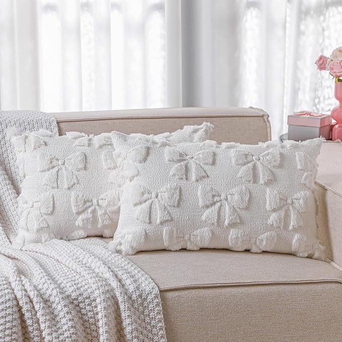 Mixweer Cream White Bow Pillow Covers Set of 2 Preppy Room Decor Coquette Cute Spring Summer Decorative Faux Fur Soft Bowknot Stuff Fluffy Plush Aesthetic Pillowcase for Bed Sofa Couch (12 x 20 Inch)