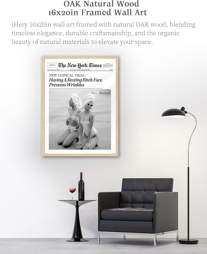 iHery 16x20in Funny Beach Girls Framed Newspaper Wall Art | Natural OAK Wood Frame with Canvas Print, Retro Magazine Decor for Bathroom, Bedroom, Girl Dorm, Living Room 1Pack