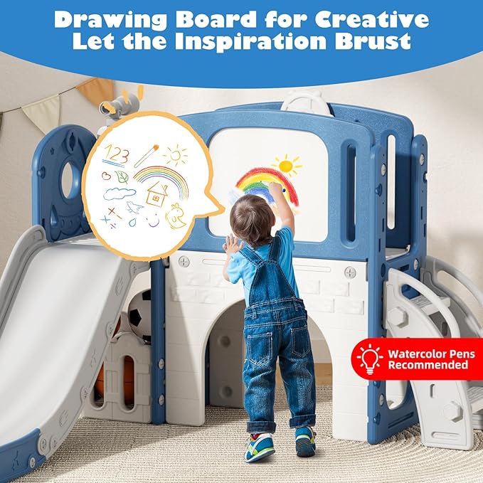 Glaf Toddler Slide 9 in 1 Outdoor Playset Indoor Playground Kids Baby Slides for Toddlers Age 1-3 Backyard with Climber Basketball Hoop Telescope Drawing Board and Storage Space (Blue)