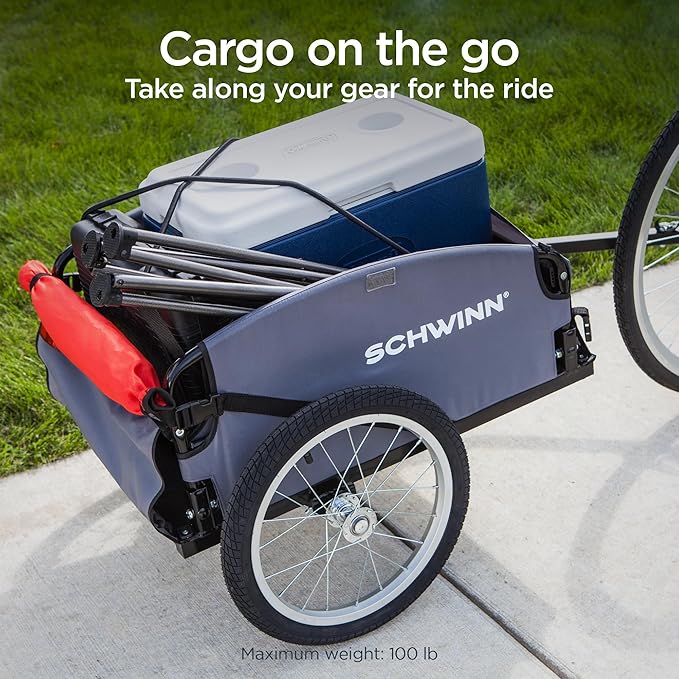 Schwinn Daytripper or Porter Bike Cargo Trailer, Holds up to 100 lb, Universal Coupler, Folding Frame, Quick-Release Wheels, 16-Inch Tires, Interior D-Rings, Schwinn Bike Trailer for Carrying Cargo