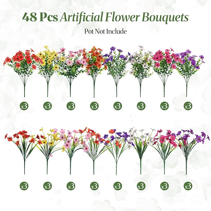 Alupssuc 48 Bundles Artificial Flowers for Outdoors Decoration, UV Resistant Silk Faux Floral Spring Fake Plastic Plants Greenery for Outside Indoor Patio Porch Window Box Home Decor(Upgrade 8 Colors)