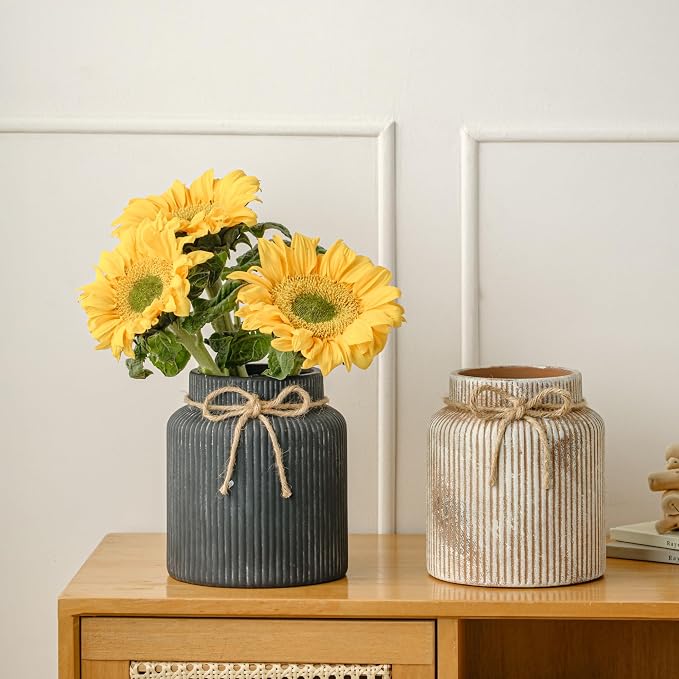 Rustic Ceramic Flower Vase, 7.2in Vintage Black Ribbed Vases for Home Decor | Farmhouse Decorative Terracotta Vases Wide Mouth Vase for Bedroom Living Room Table Centerpieces Shelf Cabinet Decorations