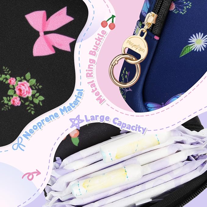 Period Bag for Teen Girls, Neoprene Cute Sanitary Napkin Storage Bag, Floral Menstrual Pad Pouch Tampon Holder (Butterfly)
