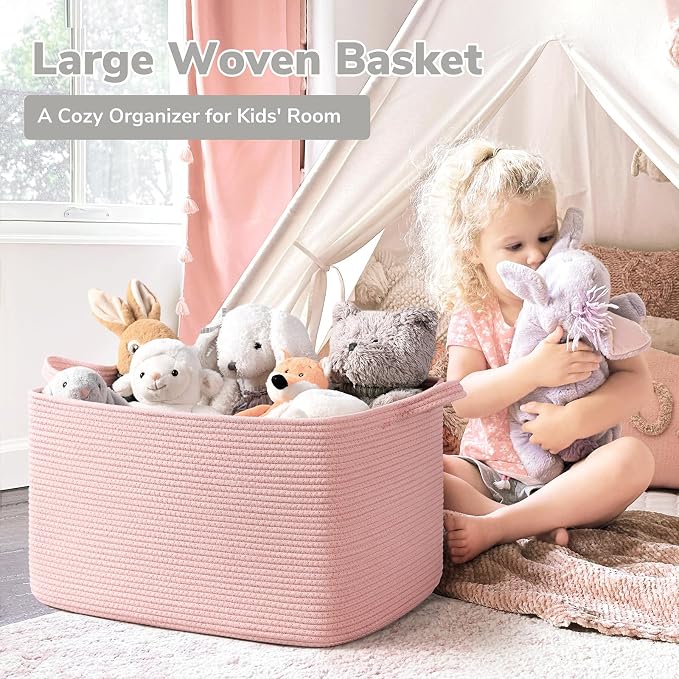 Goodpick Large Woven Rope Blanket Basket, Rectangle, Pink, 75L | 21.6'' x 14.9'' x 11.8'' Storage Basket for Toys & Blankets, Living Room, Bedroom & Nursery Organization, Reinforced Handles