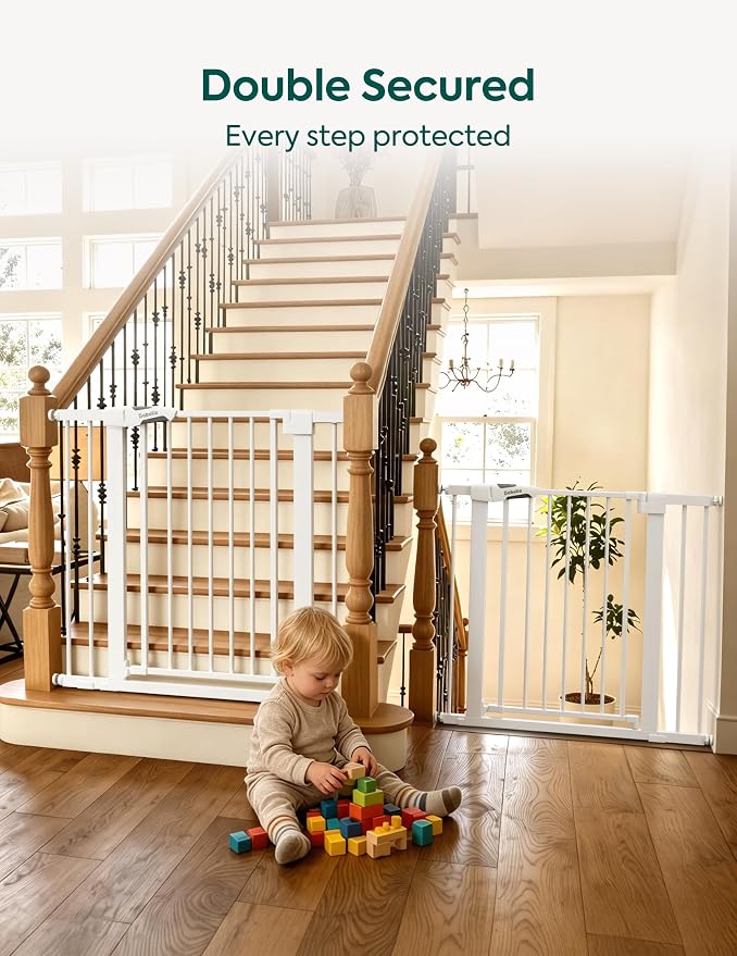 Babelio 26-40" Wide Baby Gate for Stairs & Doorways, 3 Ways Locking System with Auto-Close, Pressure Mounted No Drilling, Easy Install for Stairs, Hallway, Kitchen, Indoor Use, White (2 Pack)