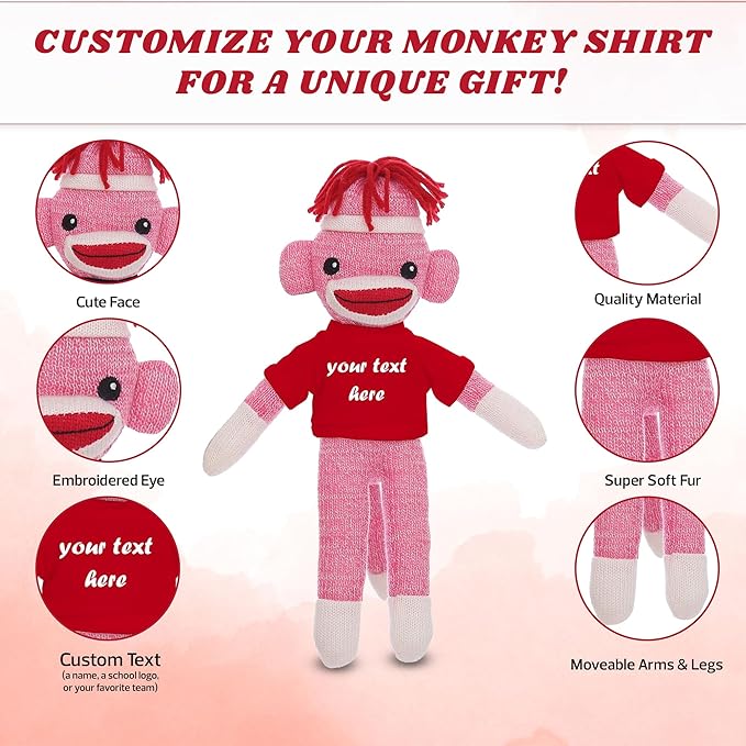 Personalized Huggable Pink Sock Monkey 8 Inch Plush Stuffed Animal Gift - Custom Text on Shirt - Perfect for Valentine's Day, Halloween, Graduation, Birthday Present