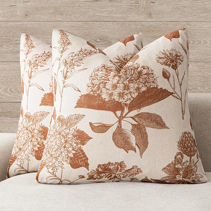Foindtower Set of 2 Linen Floral Throw Pillow Covers Vintage Accent Print Decorative Cozy Cushion Covers Farmhouse Boho Home Decor for Sofa Chair Couch Bedroom Living Room,22×22 Inch,Autumn Orange