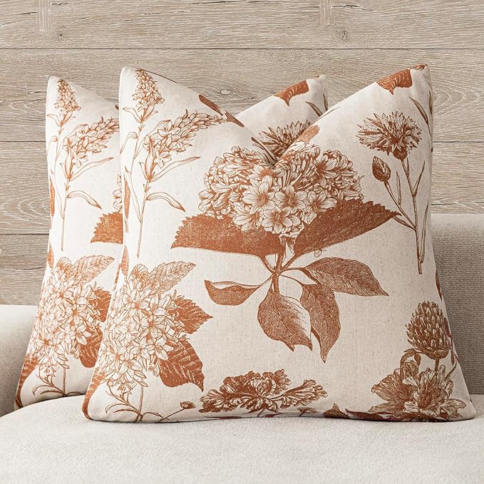 Foindtower Set of 2 Linen Floral Throw Pillow Covers Vintage Accent Print Decorative Cozy Cushion Covers Farmhouse Boho Home Decor for Sofa Chair Couch Bedroom Living Room,20×20 Inch,Autumn Orange