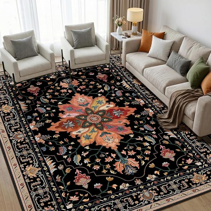 RELEANY Area Rugs 5'x7' Washable Non-Slip, Floral Vintage Distress Medallion Carpet for Living Room Bedroom Dining Room, Black Colorful Floral Dark Tan