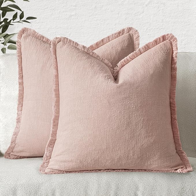 MIULEE Boho Linen Fringe Decorative Throw Pillow Covers Light Pink 18x18 | Set of 2, Cottagecore Decor, Boho Farmhouse Neutral Pillow Covers, Rustic Couch Cushion Cases for Sofa Bed Living Room