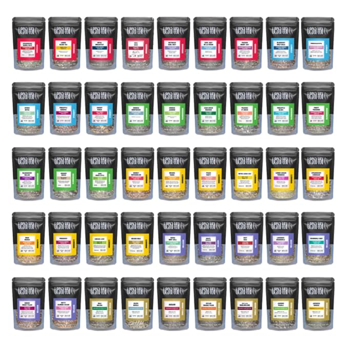 Tiesta Tea - Tiesta Tastings Sampler Dry Flight Set, Loose Leaf, High to No Caffeine, Makes Hot and Iced, Assorted Tea Sets with Herbal, Chai, Fruit Blend & More, 45 Resealable Sample Pouches