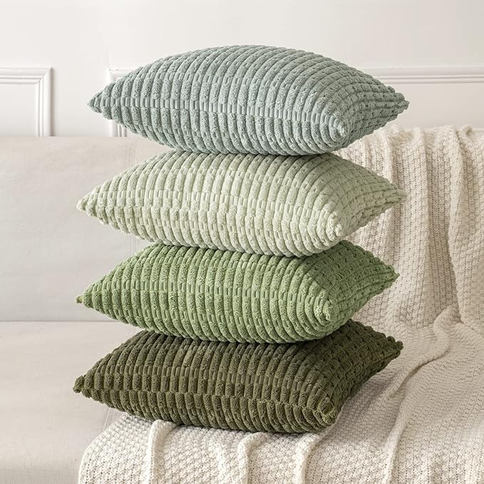 MIULEE Corduroy Decorative Throw Pillow Covers 16x16 Olive Green Pack of 2 | Soft Boho Striped Pillow Covers Modern Farmhouse Home Decor For Sofa Living Room Couch Bed