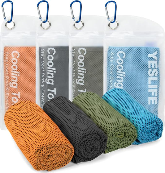 YESLIFE 4 Pack Cooling Towels (40"x12"), Gym Sweat Towels, Cooling Neck Wraps, Soft Breathable Microfiber Towels for Yoga, Running, Sport, Workout, Camping & More (Multicolor)