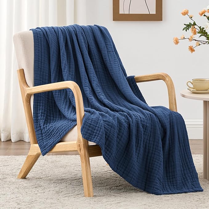 Love's cabin 100% Cotton Muslin Blanket, 6 Layer Lightweight Breathable Gauze Twin Size Blanket 60 x 80 Inches, Soft Summer Blanket for Bed or Couch, Dark Blue