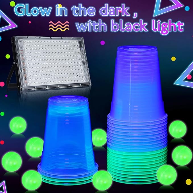 32 Pcs Glow in The Dark Party Table Tennis Game Set Include 24 Pcs Glowing Plastic Cups and 8 Balls for Indoor Outdoor Party Event Birthdays Weddings BBQ Parties