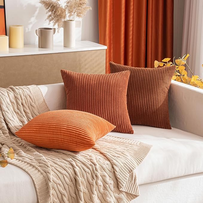 MIULEE Fall Soft Corduroy Throw Pillow Covers Set of 2 16x16 Dark Rust | Decorative Striped Textured Cushion Cases, Boho Rustic Square Pillowcases, Home Decor for Couch Chair Sofa Bed Living Room
