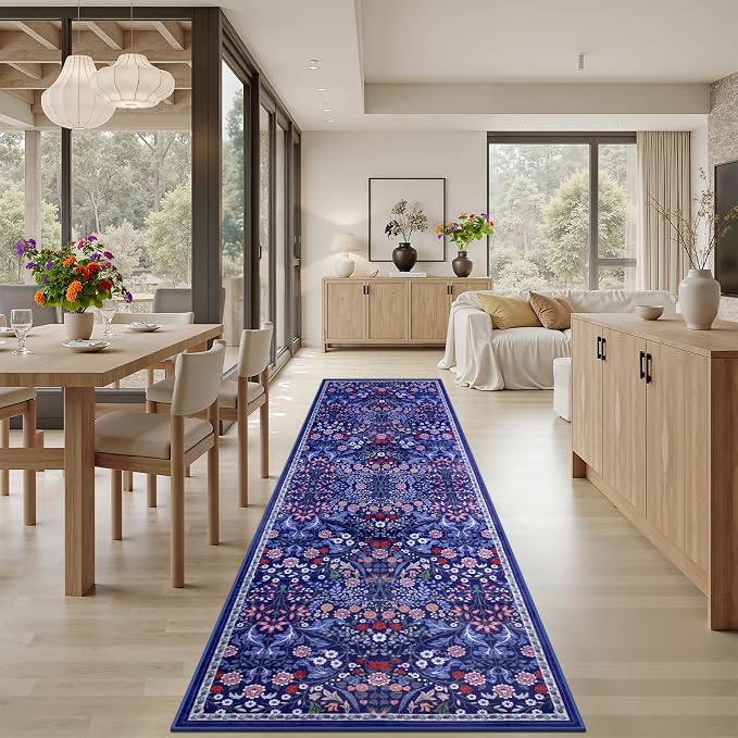 Runner Rug for Entryway: 3x10 Kitchen Rugs Non Slip Washable Ultra-Thin Soft Floral Carpet Indoor Floor Stain Resistant Carpets for Hallway Bedroom Kitchen Laundry Bathroom Dorm Blue