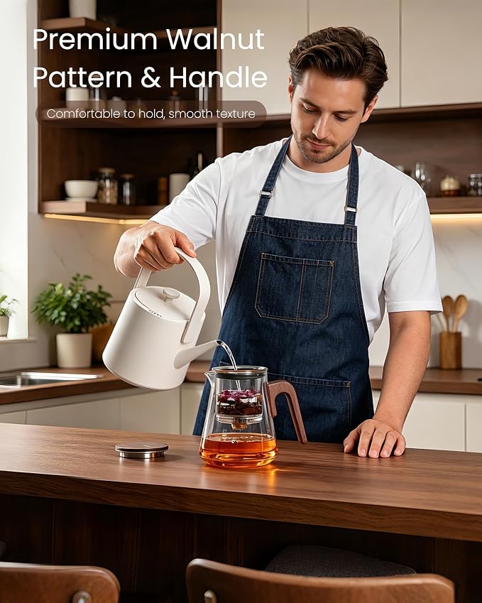 ZENS Magnetic Tea Pot, Enchanted Glass Teapot with Infuser and Magnetic Suction Lid for Mess-Free Loose Tea Diffusers, Walnut Wood Handle, Tea Lovers Gifts
