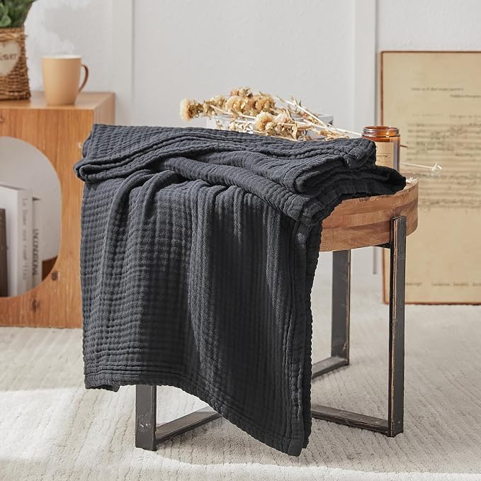 EMME Muslin Blankets for Adults Throw Blanket for Couch Breathable Gauze Soft Lightweight Airy Black King 108" x 90"