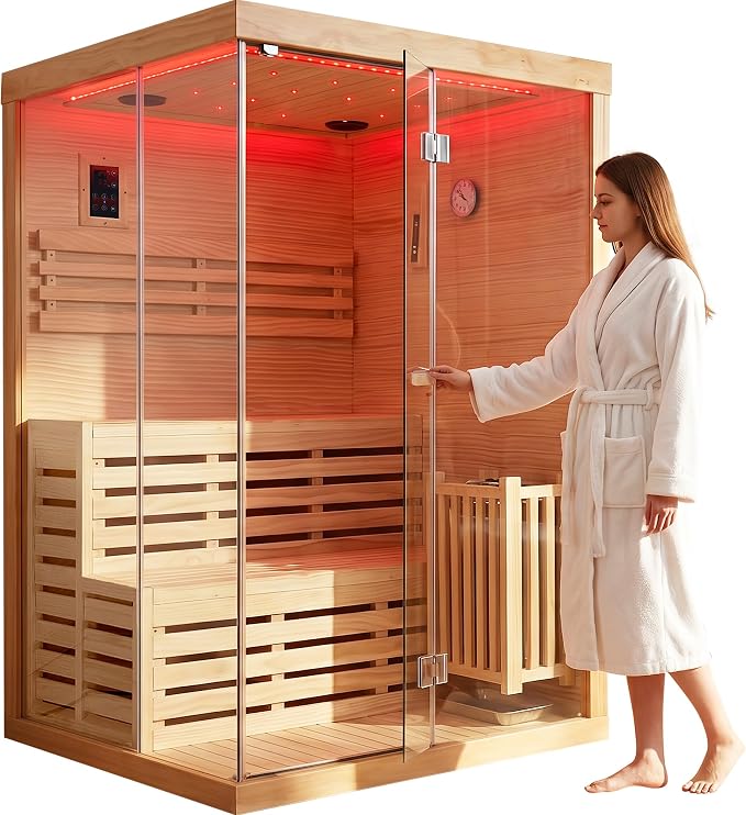 OUTEXER 2-3 Person Steam Sauna Traditional Saunas Home Spa Room Wet Indoor Saunas 7 Color LED Lights with 240V 3KW Heater,Sauna Stone,Wooden Bucket,Spoon,Thermometer,Hourglass,Cup Holder