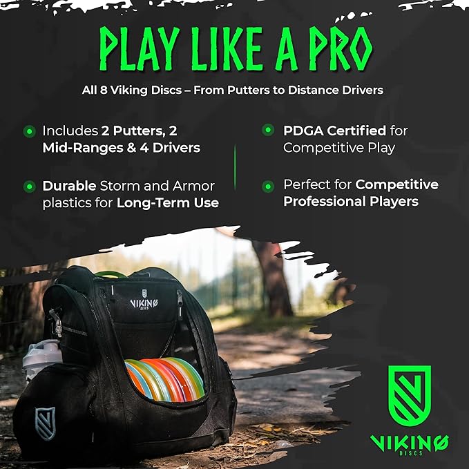 Viking Discs Competition Disc Golf Set - 8 Disc Golf Discs for Any Distance, PDGA Approved - Putter, Mid-Range, Fairway Driver, Distance Driver - Disc Set for Beginners and Professionals
