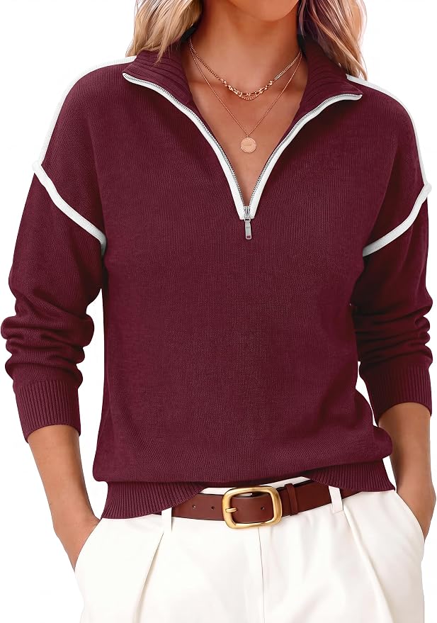 ANRABESS Womens Quarter Zip Sweaters Fall Long Sleeve V Neck Shirts Collared Business Casual Tops Knit Pullover Sweatshirts