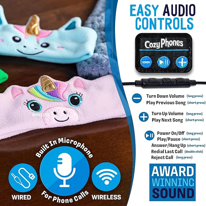 Toddler Headphones Wireless, Kids Bluetooth Earphones, Safe Volume - Wired School Headphones for Kids with 3.5 MM Jack and Travel Bag - Toddler Airplane Accessories for Boys & Girls - Pink Unicorn