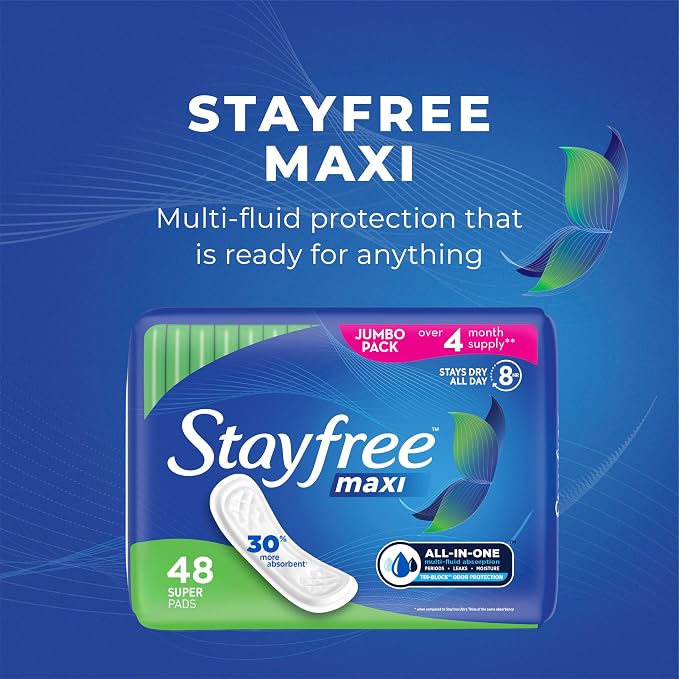 Stayfree Maxi Super Long Wingless Reliable Protection and Absorbency Pads For Women, 48 Count (Pack of 1)