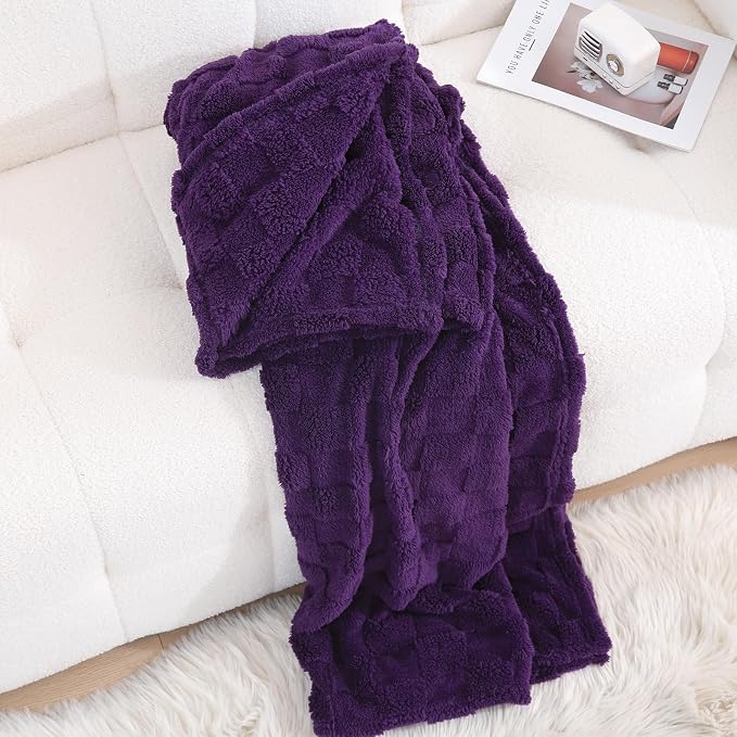 Deep Purple Throw Blanket 108”×90”Checkered Design for Couch | Super Soft Cozy Fleece Plush Microfiber 3D Square Pattern Flannel Blanket for Sofa Bed Lightweight for Adults,Women
