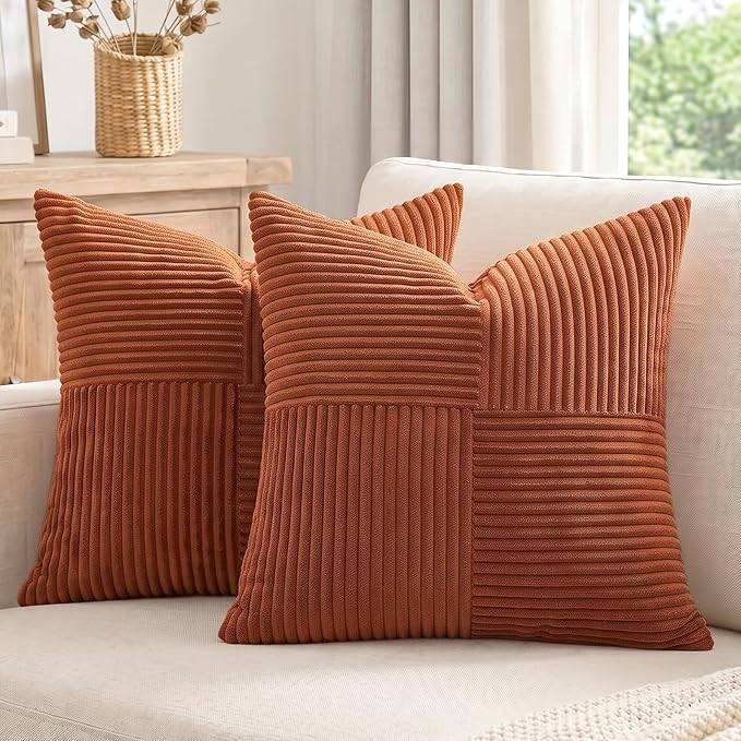 Fancy Homi 2 Packs Rust Decorative Throw Pillow Covers 16x16 Inch for Living Room Couch Bed, Rustic Farmhouse Boho Home Decor, Soft Corss Patchwork Corduroy Square Terracotta Cushion Case 40x40 cm