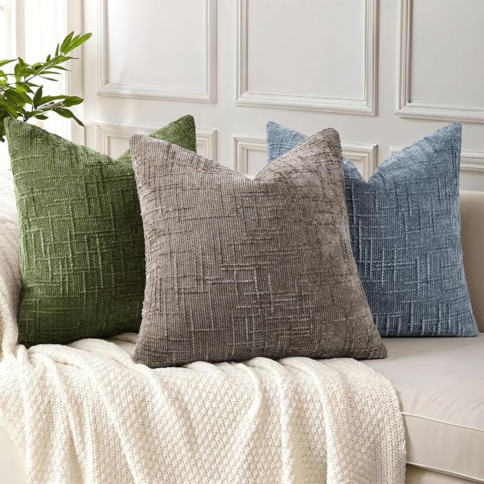 decorUhome Textured Chenille Throw Pillow Covers 24x24 Set of 2 Grey Blue | Fall Modern Farmhouse Soft Cozy Slubby Couch Pillow Cases Boho Decorative Pillow Cases for Bed Sofa Living Room Home Decor