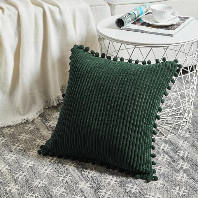 Fancy Homi 2 Pack Dark Green Small Decorative Throw Pillow Covers 12x12 Inch with Pom-poms for Couch Bedroom, Soft Corduroy Solid Rectangle Cushion Case 30x30 cm, Farmhouse Boho Home Decor