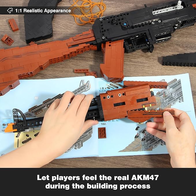Building Block Gun for Adults, 1: 1 AKM-47 Model Gun That Shoot Rubber Band Educational Toys DIY Assembling Building Toys Set for Boys Age 14+, Collectible Gift for Military Weapon Toy Lovers,1166Pcs