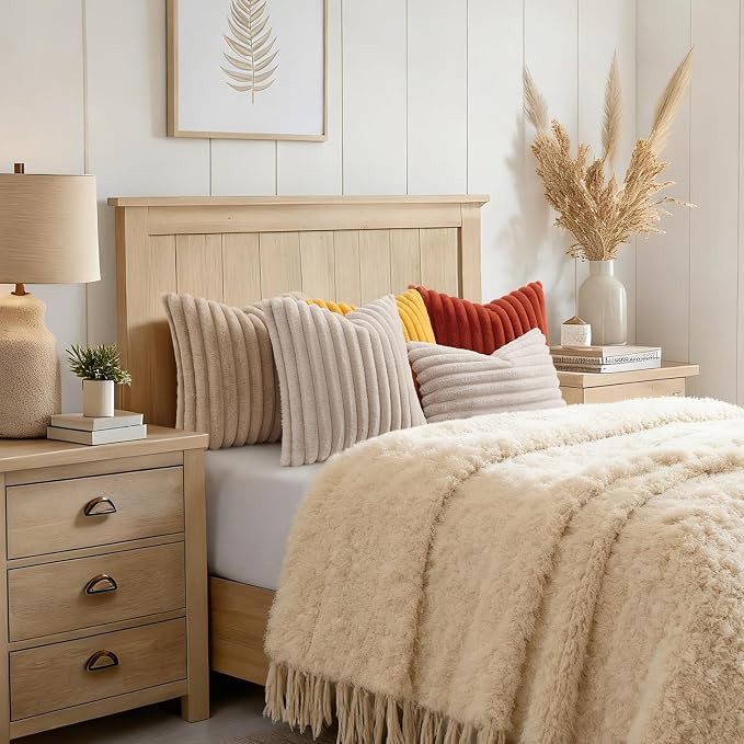 decorUhome Fall Faux Fur Throw Pillow Covers 22x22 Set of 2 Beige | Decorative Soft Cozy Striped Plush Modern Farmhouse Boho Couch Pillow Cases Velvet Back for Sofa Bed Living Room Home Decor
