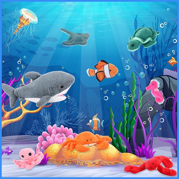 Zomiboo 18 Inch Great Shark Plush with 7 Pcs of Soft Stuffed Sea Animals Include Manta Ray, Seahorse, Crab, Clown Fish, Turtle, Octopus and Lobster, Gift for Friend