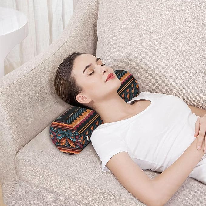 Neck Roll Pillow Bolster Pillows Round Health Memory Foam Long Round Cervical Cylinder Body Removable Washable Cover Bed Legs Back Yoga Mexican Otomi Black