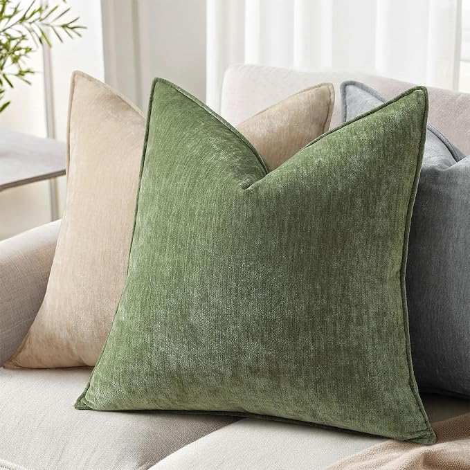 decorUhome Chenille Olive Green Velvet Throw Pillow Covers 16x16 Set of 2 | Fall Soft Couch Decorative Modern Farmhouse Pillow Cases with Elegant Design for Sofa Bed Living Room Home Decor