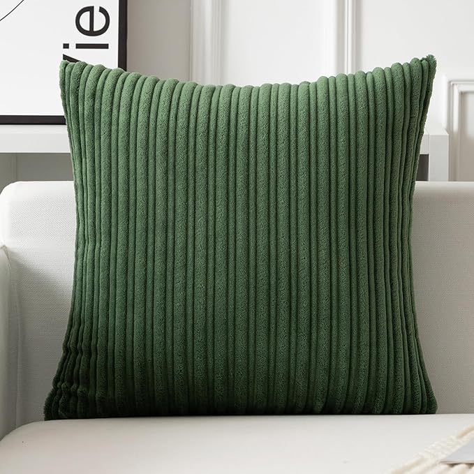 UGASA Velvet 18x18 Inch Soft Throw Pillow Cover Decorative Corduroy Striped Both Sides Solid Square Cushion Case Boho Farmhouse for Couch Bedroom Sofa Home, 1 Piece, Moss Green