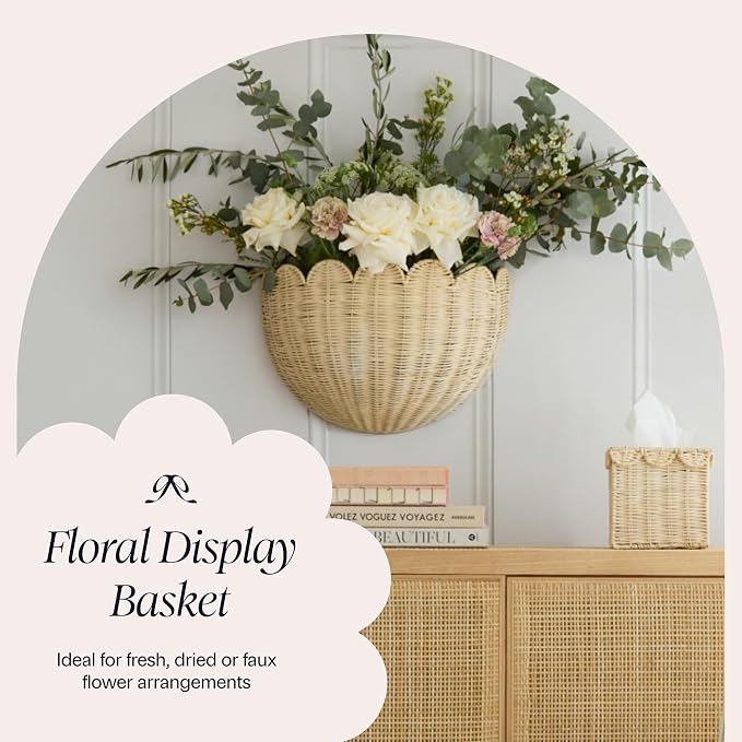 BEBE BASK Scalloped Wicker Wall Basket - The Original - 16 x 10 x 7 In | Handwoven Basket, Scalloped Décor Wall Hanging Baskets, Hanging Wall Basket, Rattan Wall Storage Basket for Home (Natural)