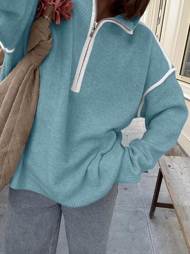 ANRABESS Womens Quarter Zip Sweaters Fall Long Sleeve V Neck Shirts Collared Business Casual Tops Knit Pullover Sweatshirts