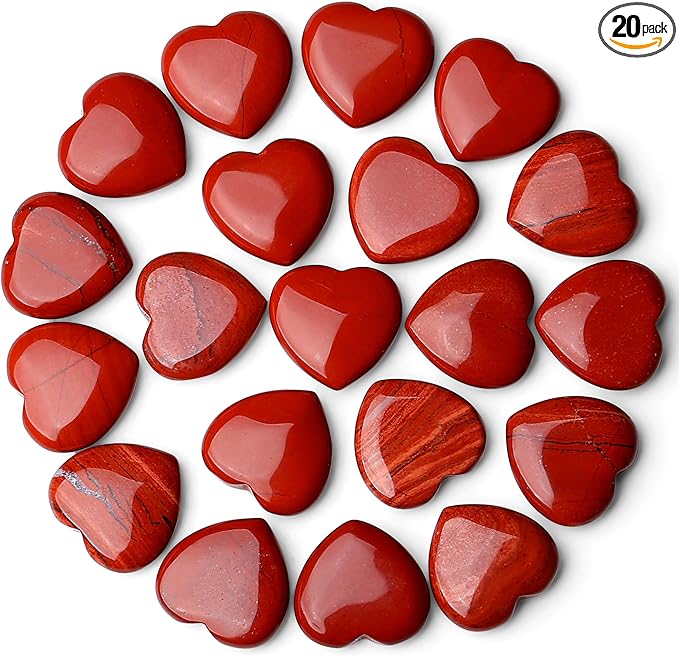 QINJIEJIE 20PCS Red Jasper Heart Stones Crystals Bulk Love Shaped Worry Stone Heart Rock Pocket Polished Palm Gems Crystal Reiki Balancing Wholesale Carved Stone Decor Gift