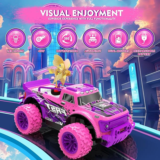 iDrone Remote Control Car for Girls: 1:20 Scale Pink Purple Rc Truck with LED Light and DIY Windmills - 20Km/h All Terrain Fast RC Cars, 2.4GHz Monster Truck Toys for Kids Gift