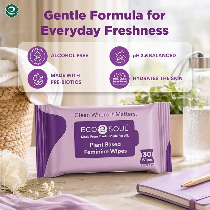 ECO SOUL Plant-Based Feminine Hygiene Wipes (30 Count, Pack of 4) Dermatologist Tested pH Balanced Intimate Cleansing Wipes FSC-Certified Alcohol-Free, Paraben-Free, Fragrance-Free & Hypoallergenic