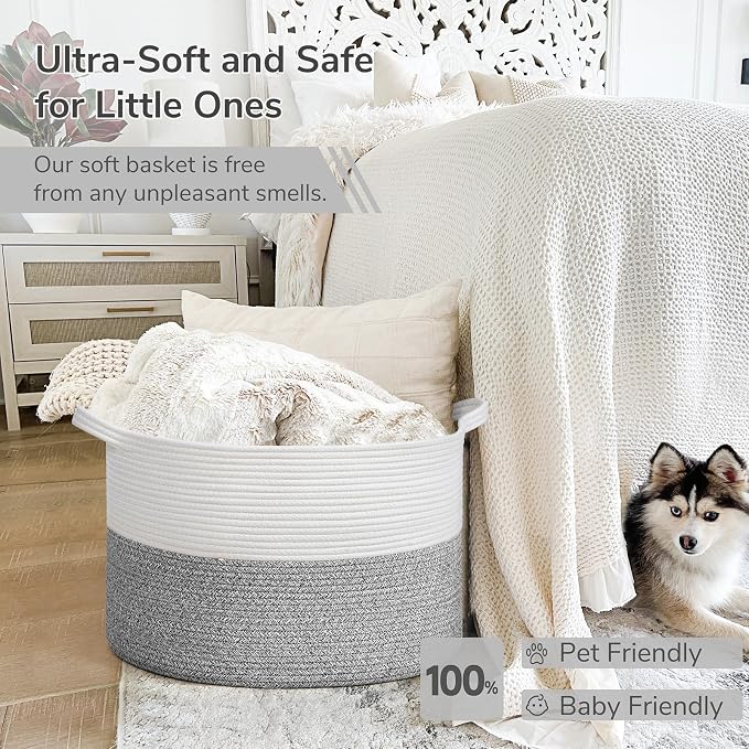 INDRESSME Large Woven Rope Blanket Basket Living Room Light Grey, 65L | 19.7" x 12.6" Storage baskets for laundry, toys & pillows. For living room, bedroom or nursery decor. soft-touch, gift basket