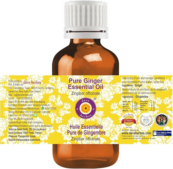 Deve Herbes Pure Ginger Essential Oil (Zingiber officinale) Steam Distilled 100ml (3.38 oz)