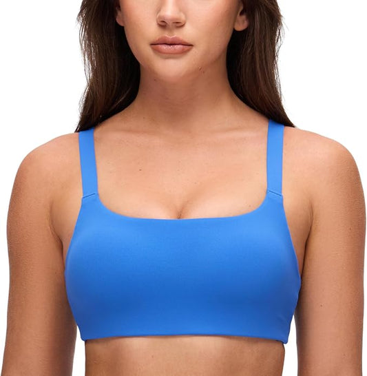 CRZ YOGA Butterluxe Adjustable Wide Strap Sports Bras for Women - Square Back Padded Scoop Neck Yoga Top